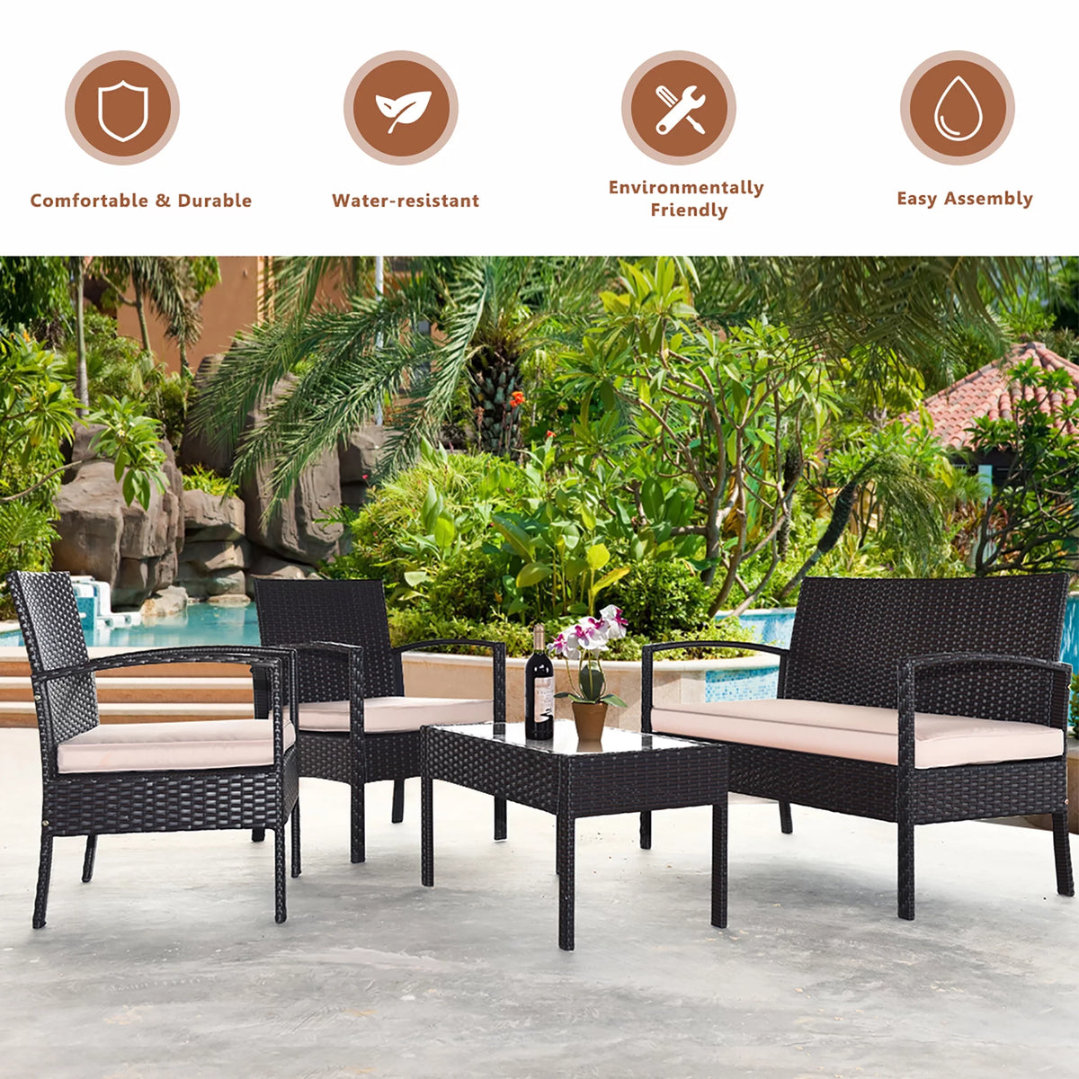 4 Pc Cushioned Patio Rattan Conversation Furniture Set Q8034