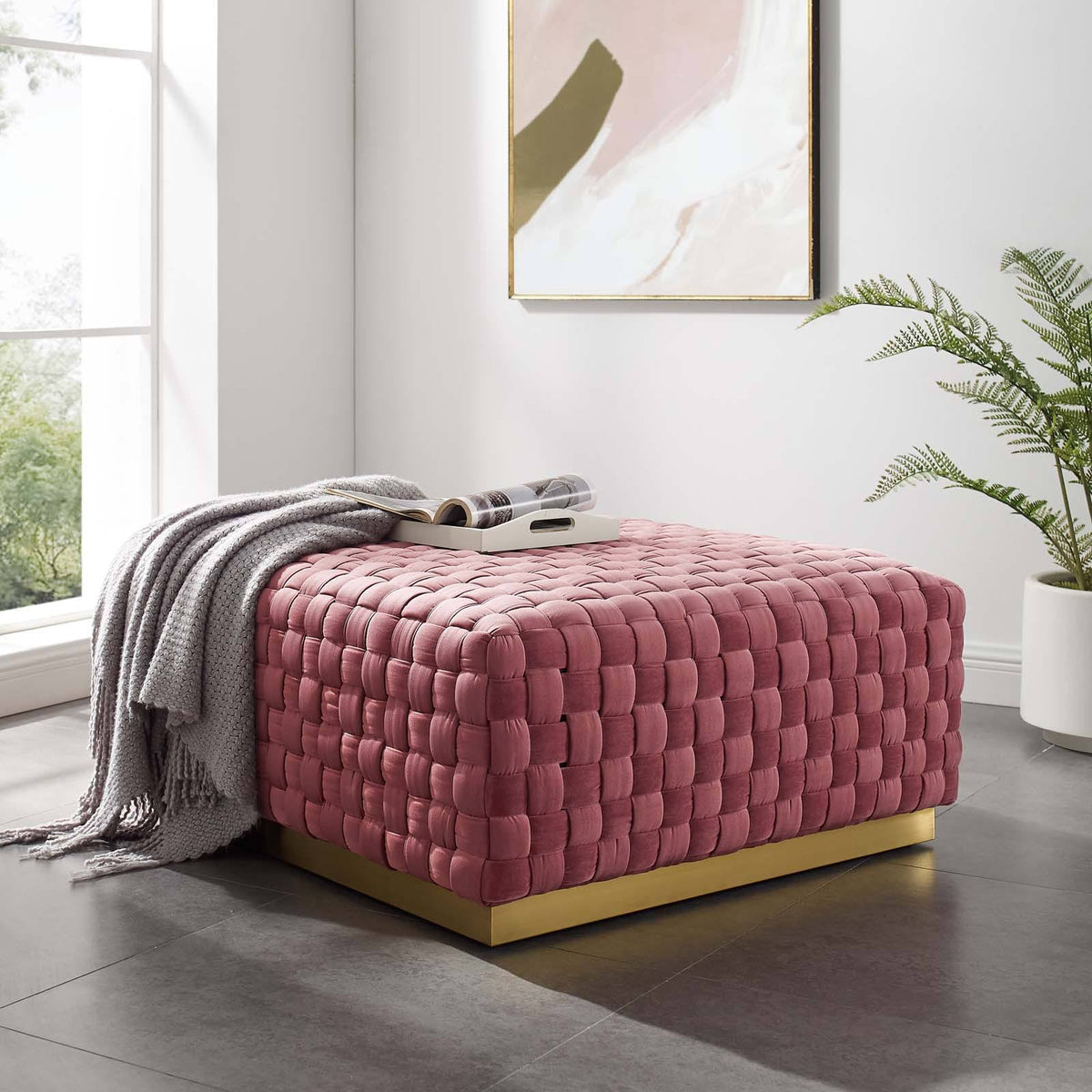 Gray Square Velvet Ottoman U184