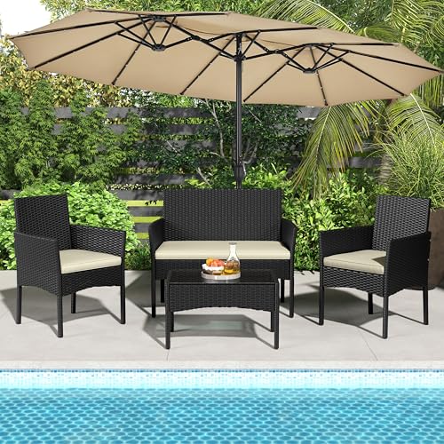 4 Pieces Rattan Wicker Patio Furniture Set with Cushion and Glass Table J981712