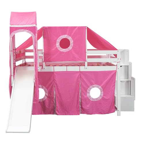 Full Loft Bed with Slide, Storage Stairs, and Tent, Dark Blue C5508