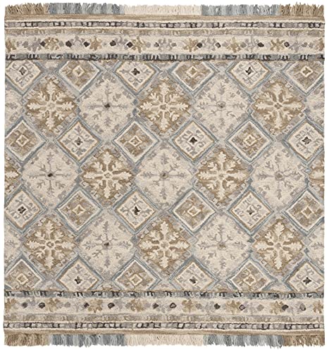 Beige Light Blue Handmade Fringe Wool Runner Rug M878327