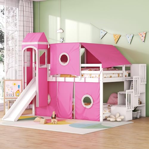 Full Loft Bed with Slide, Storage Stairs, and Tent, Dark Blue C5508
