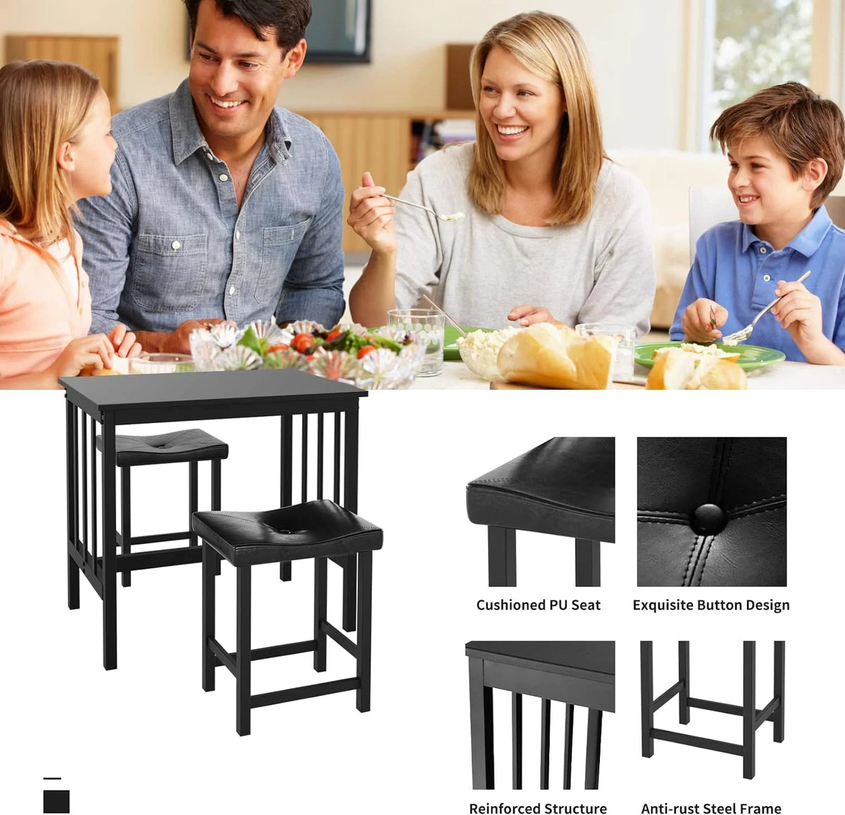 Black 3 Piece Dining Table Set with 2 Faux Leather Backless Stools D2785