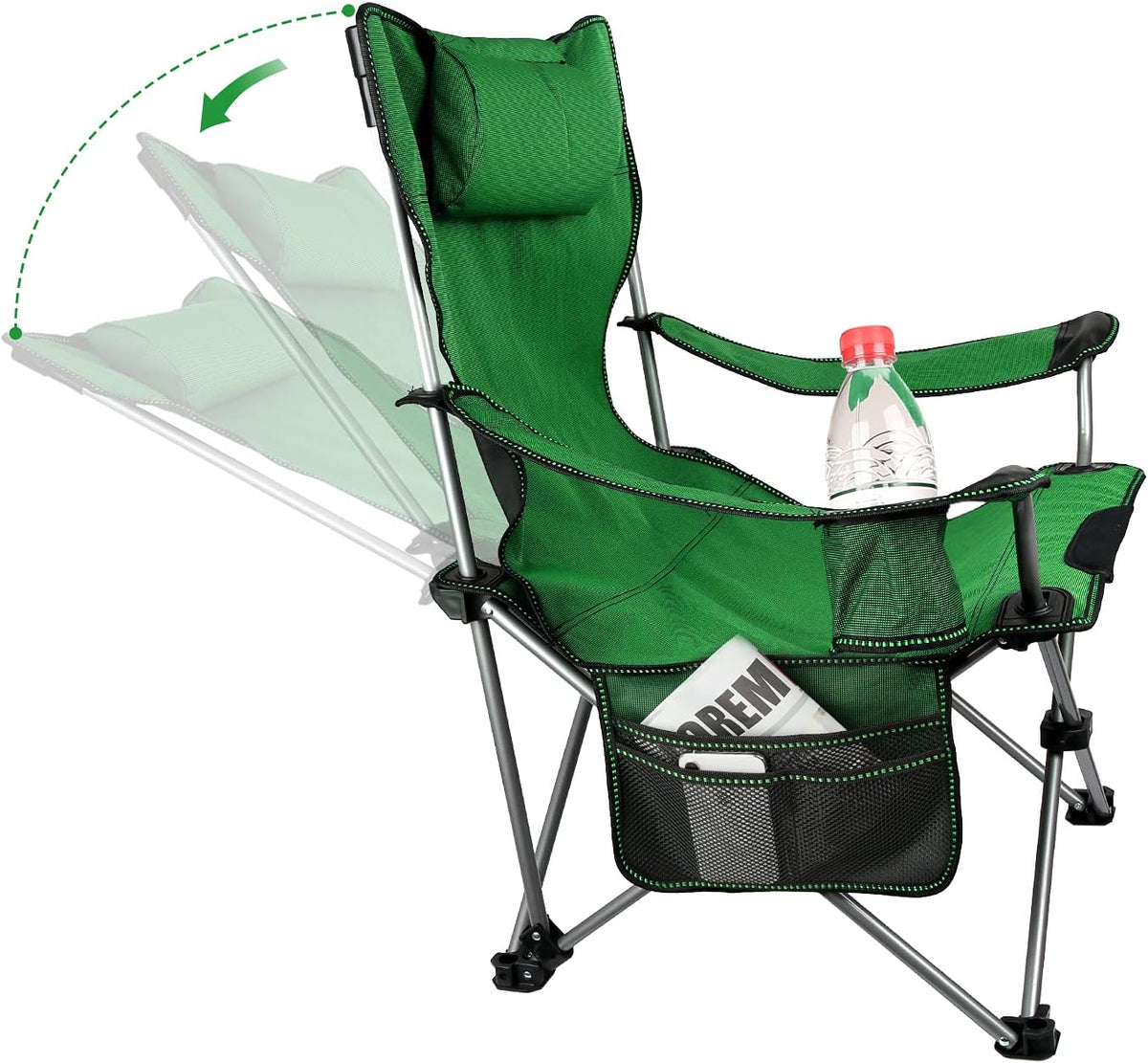 Green Folding Adjustable Recliner Camping Chair with Headrest Cup Holders Side Pocket V31031
