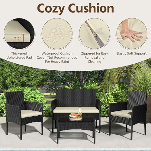 4 Pieces Rattan Wicker Patio Furniture Set with Cushion and Glass Table J981712