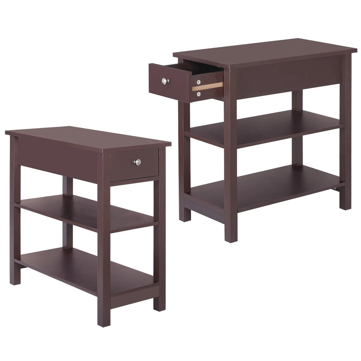 2 Pack 3-Tier Narrow MDF End Table with Drawer & Storage Shelf X4550