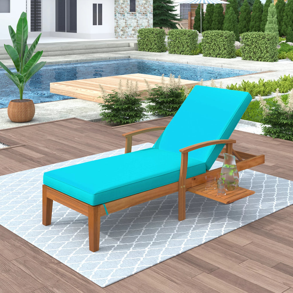 Solid Wood Chaise Lounge with Cushion, Wheels and Cup Table A60468