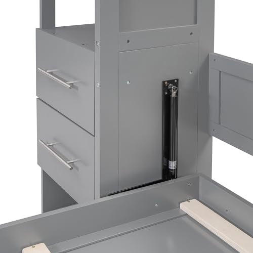 Gray Queen Size Wood Wall Bed with Shelves and Drawers N739