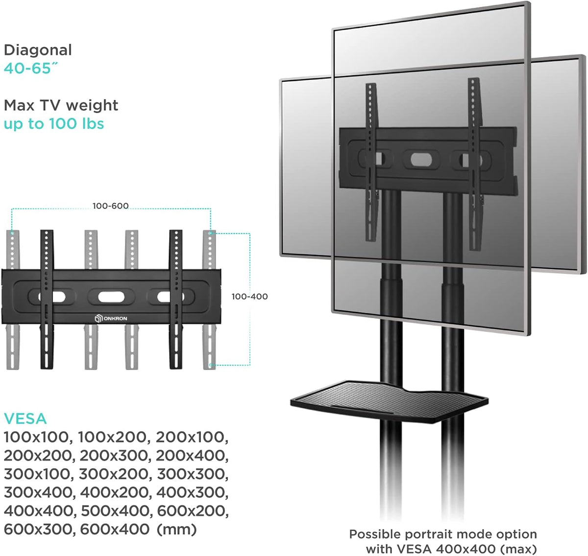Mobile TV Stand Rolling TV Cart for 40 to 65 Inch LCD LED TV Screens with Wheels Shelves T302256