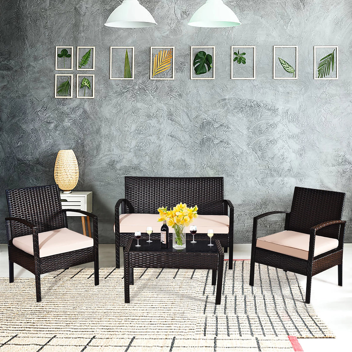 4 Pc Cushioned Patio Rattan Conversation Furniture Set Q8034