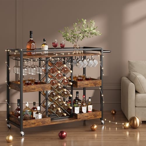 Brown 3 Tier Rolling Bar Cart with Wine Rack F4755