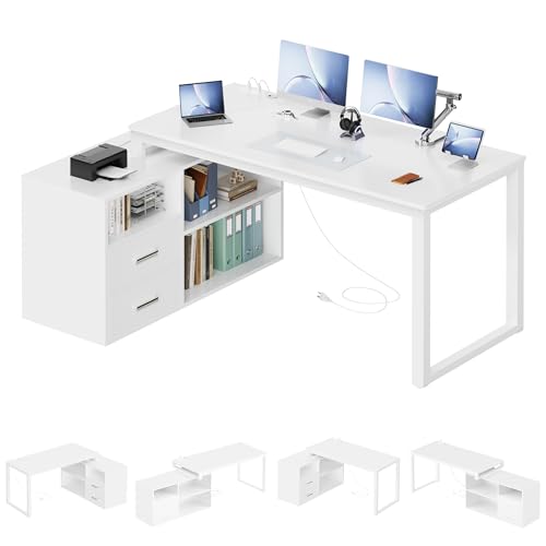 White 55 Inch L-Shaped Desk with File Cabinet and Drawers F6036