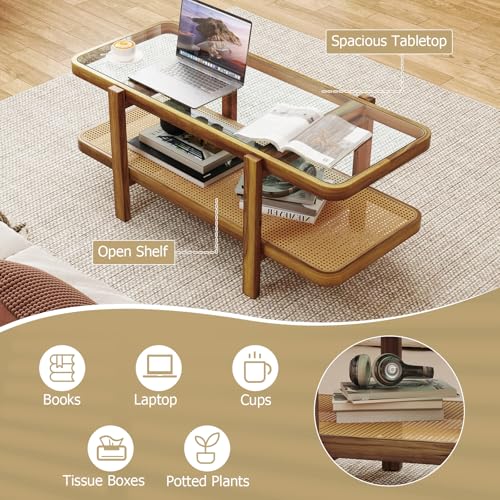 47.5" Rectangle Solid Wood Coffee Table with Tempered Glass Tabletop D438792