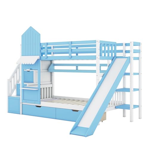 Full Over Full Solid Wood Bunk Bed with Slide and Storage Staircase K25787