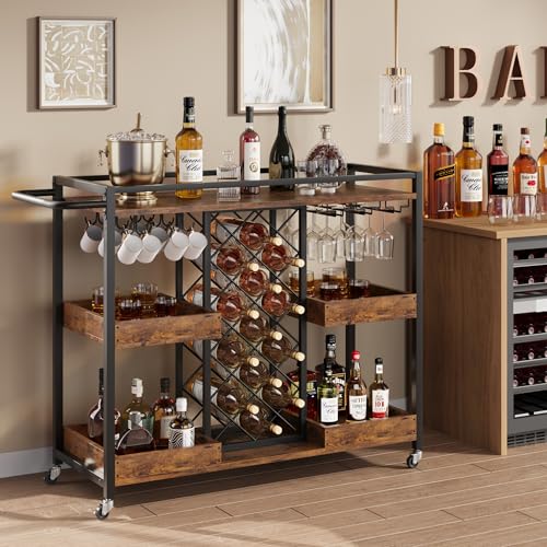 Brown 3 Tier Rolling Bar Cart with Wine Rack F4755