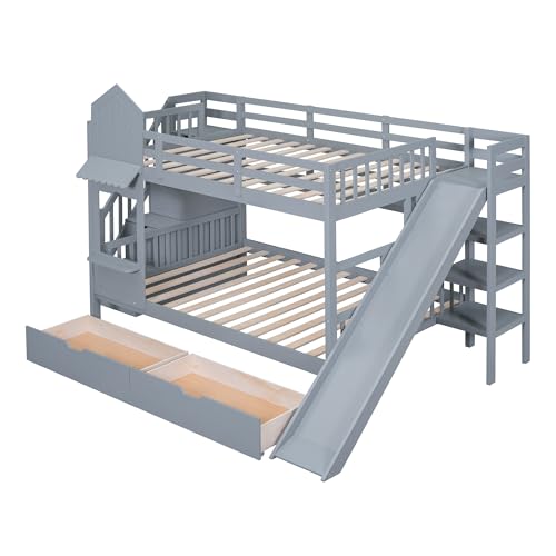Full Over Full Solid Wood Bunk Bed with Slide and Storage Staircase K25787