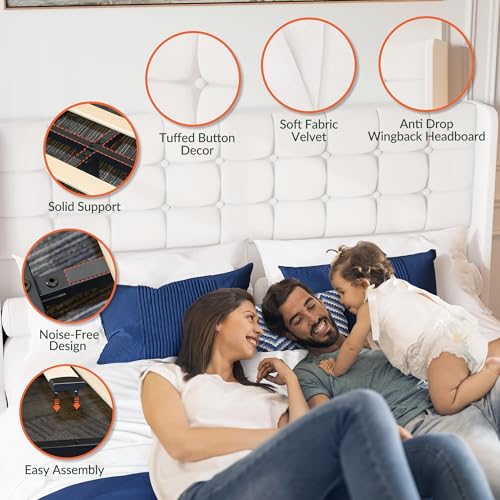 Queen Size White Velvet Upholstered Platform Bed Frame with 4 Storage Drawers G70245