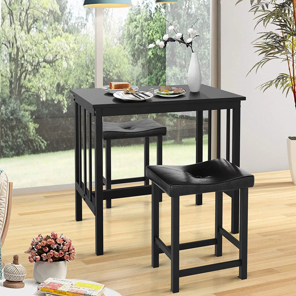 Black 3 Piece Dining Table Set with 2 Faux Leather Backless Stools D2785