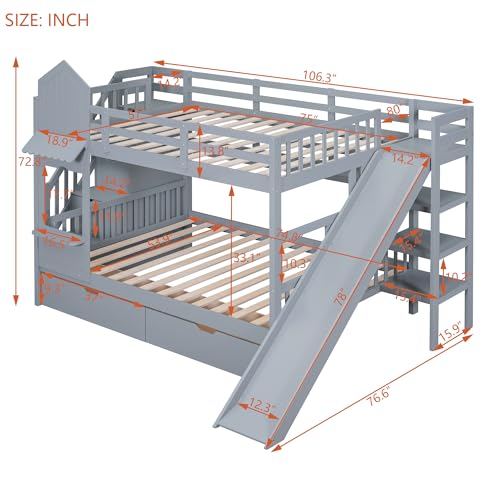 Full Over Full Solid Wood Bunk Bed with Slide and Storage Staircase K25787