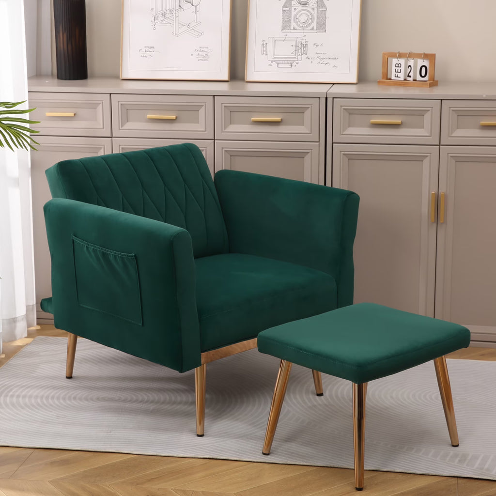 Velvet Accent Chair with Ottoman Set, Gold Legs, Upholstered Single Sofa J62366