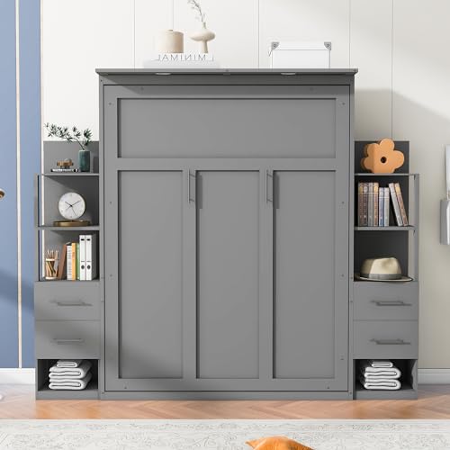Gray Queen Size Wood Wall Bed with Shelves and Drawers N739