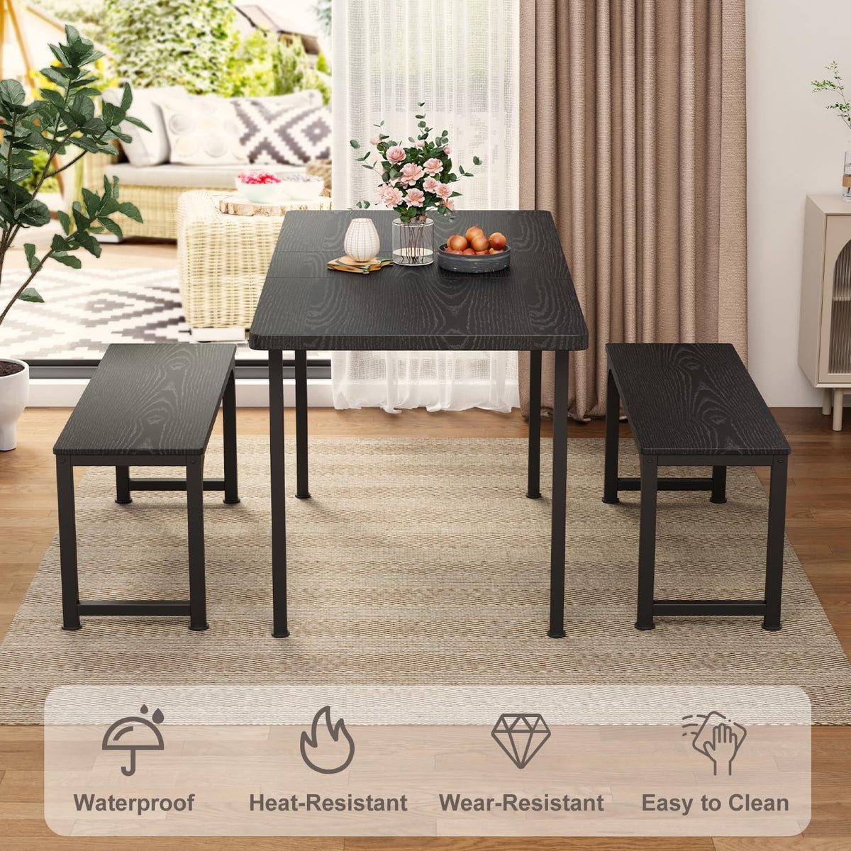 Black Extendable Dining Table Set with 2 Benches U893