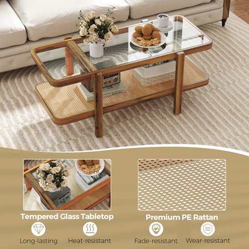 47.5" Rectangle Solid Wood Coffee Table with Tempered Glass Tabletop D438792