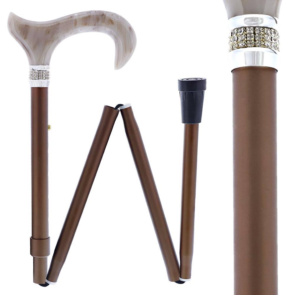 Champagne Pearlz Adjustable Folding Cane with Rhinestone Collar U3727
