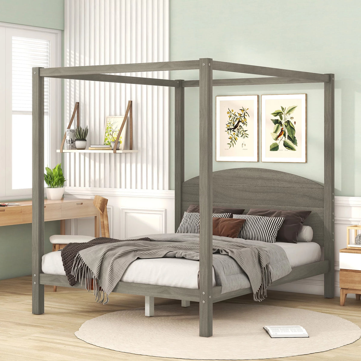 Wood Queen Size Canopy Bed with Headboard V3128