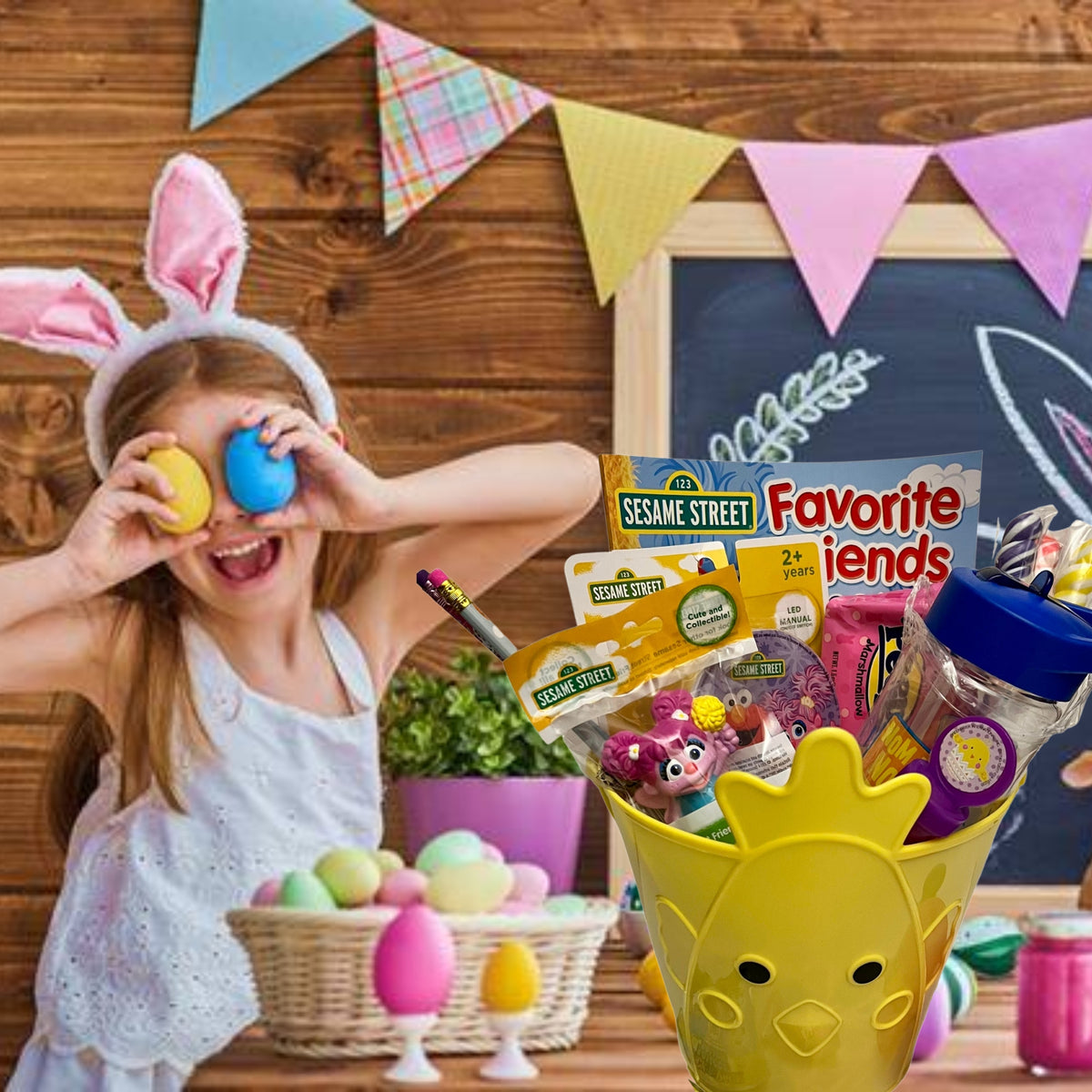 Sesame Street Easter Basket with Collectible Toy Tumbler Led Night Light Coloring Book Bubbles Candies X49045