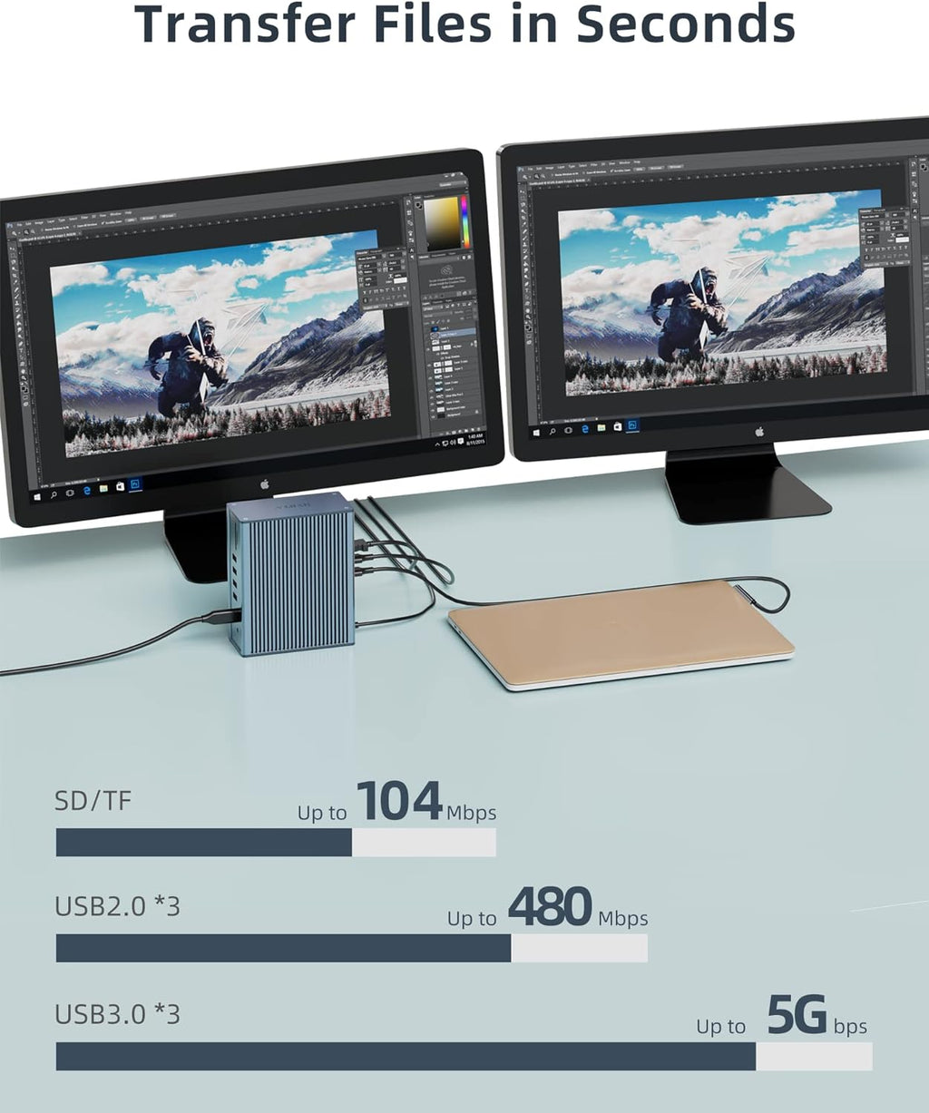 16 in 1 USB C Docking Station Quadruple Monitor with 4K 2HDMI, DP, USB-C 3.0, PD, RJ45, 6USB Ports, SD/TF, Audio Z438