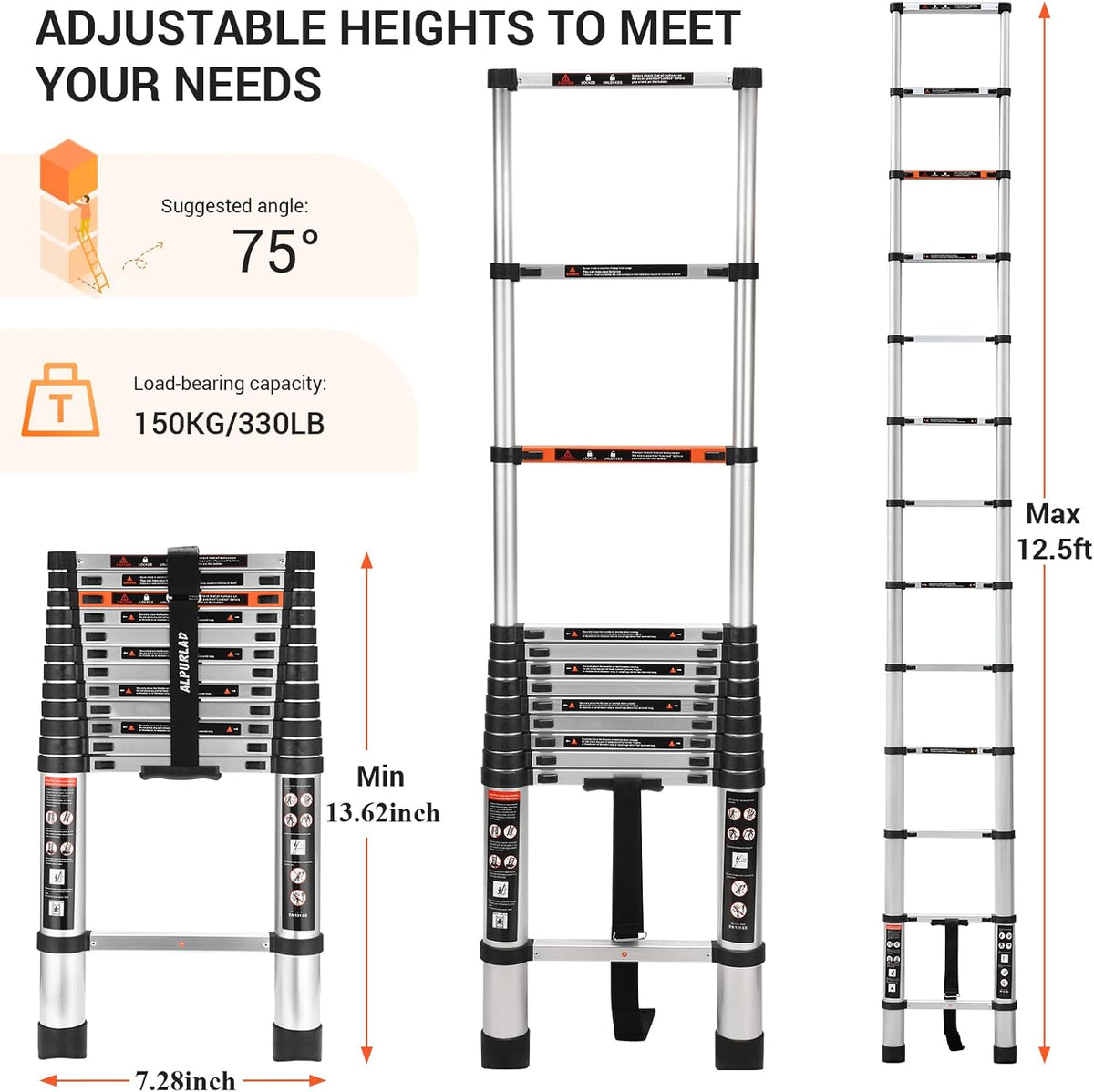 Telescoping Ladder 12.5FT Aluminum Lightweight Collapsible Ladder, 330lbs Capacity F620