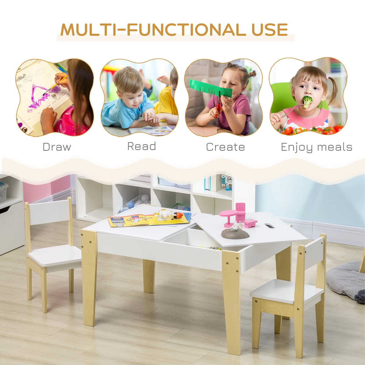 White 3 Pcs Kids Table and Chair Set with Storage Y3865