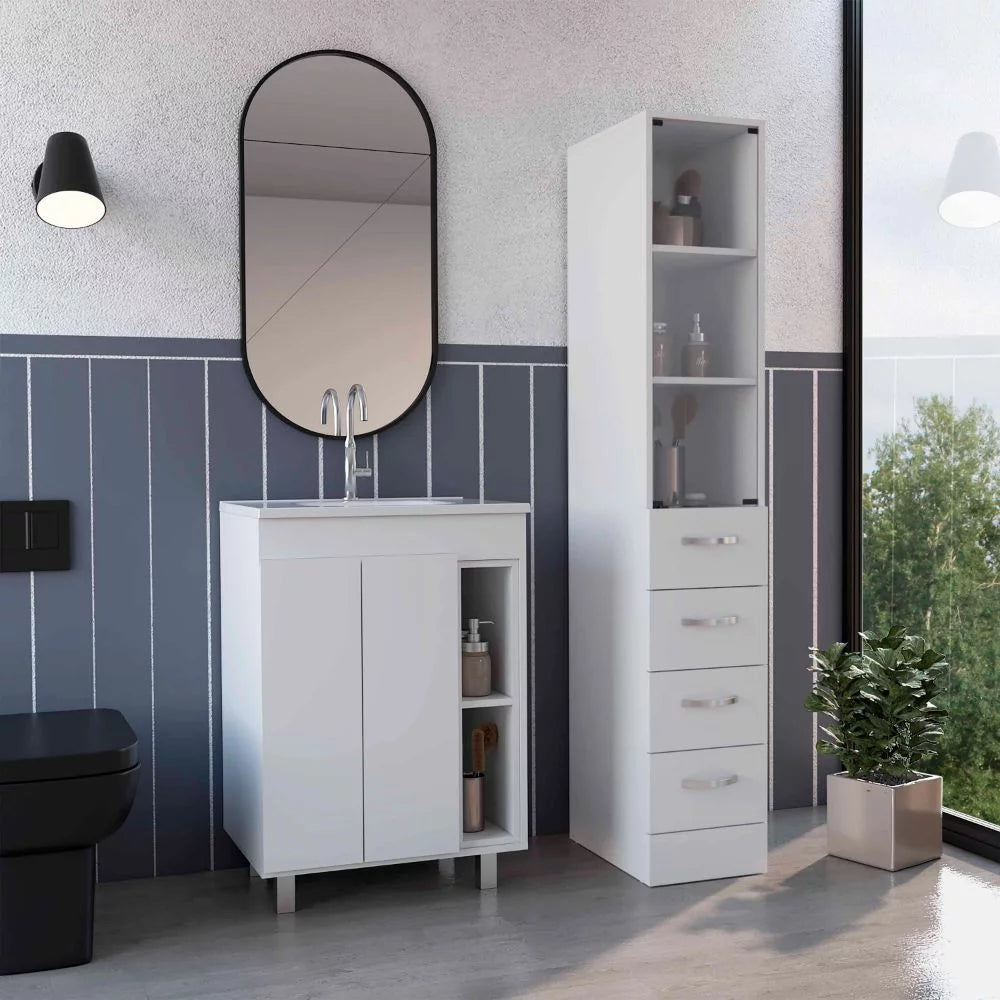 White 2 Piece Bathroom Vanity and Linen Cabinet U948