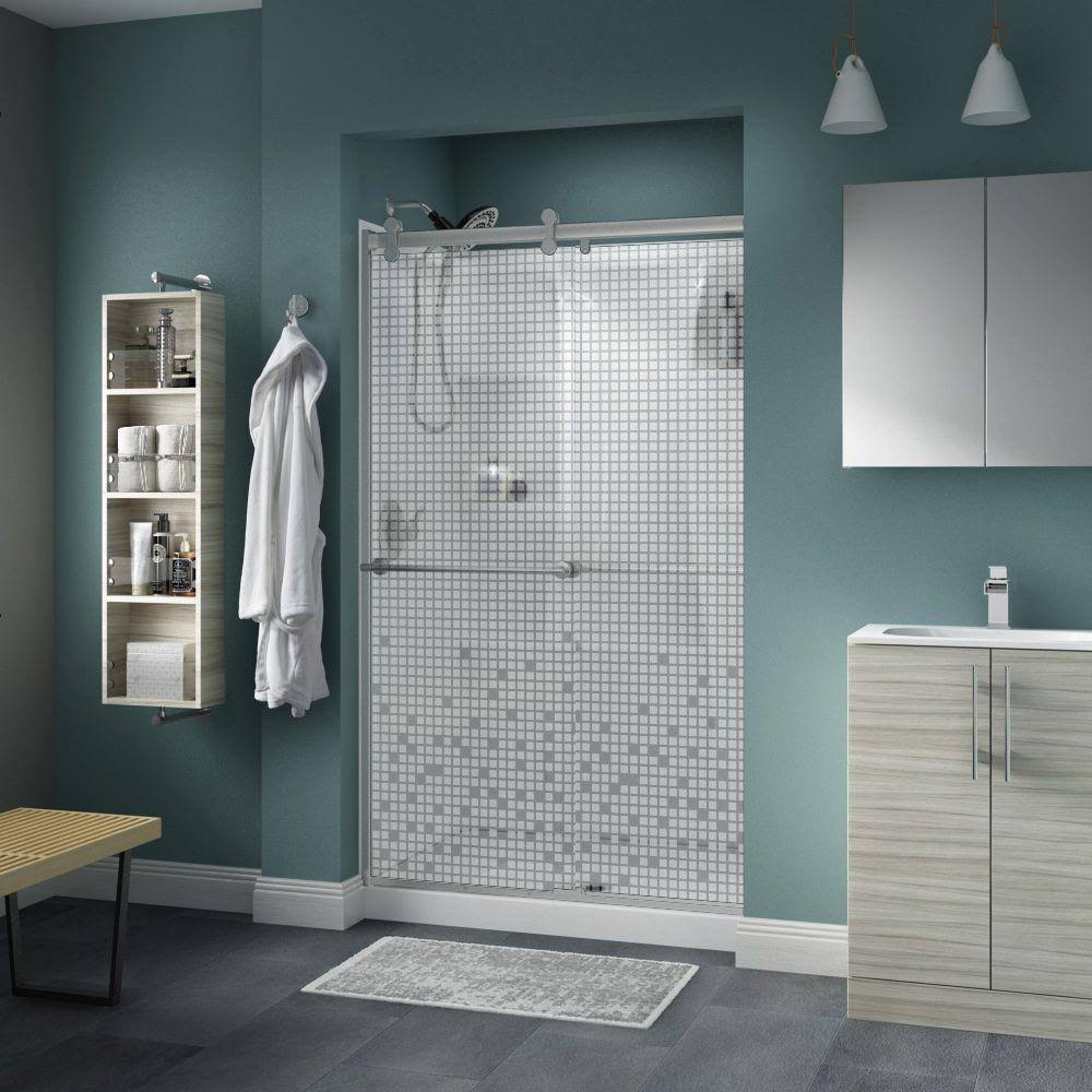 Frameless Sliding Shower Door in Nickel with Mozaic Glass X183476