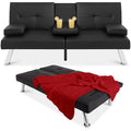 Black Faux Leather Convertible Sofa Futon with 2 Cup Holders R253147