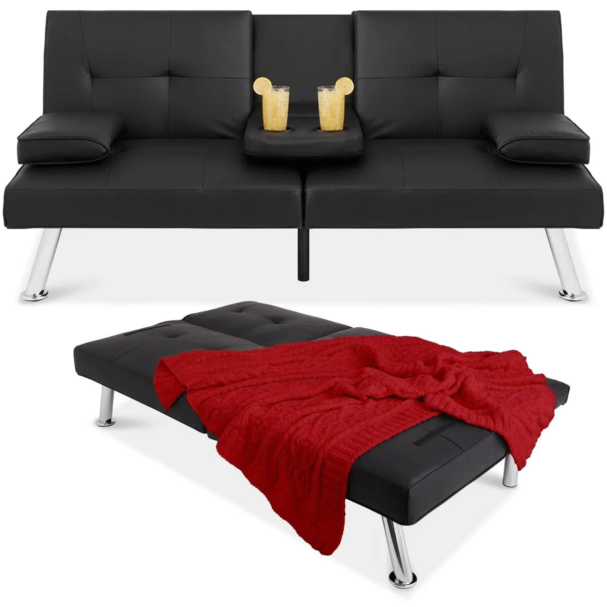 Black Faux Leather Convertible Sofa Futon with 2 Cup Holders R253147