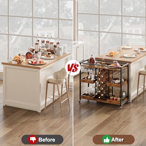 Brown 3 Tier Rolling Bar Cart with Wine Rack F4755