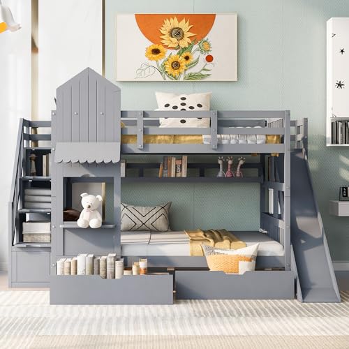 Full Over Full Solid Wood Bunk Bed with Slide and Storage Staircase K25787