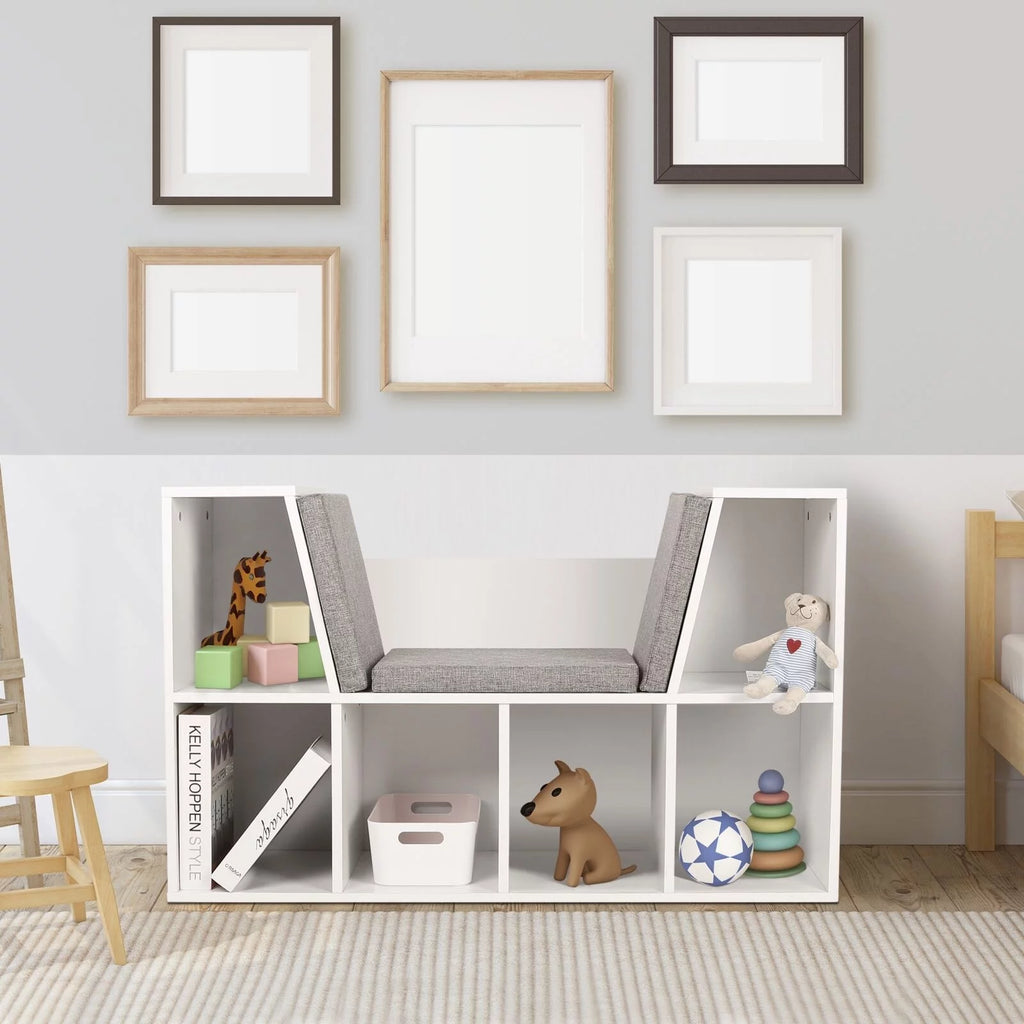 White Kids Storage Cabinet Bookcase with Cushions R759795