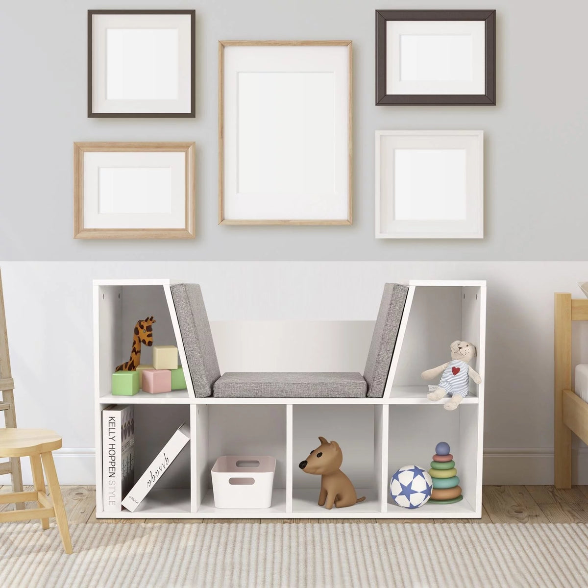 White Kids Storage Cabinet Bookcase with Cushions R759795