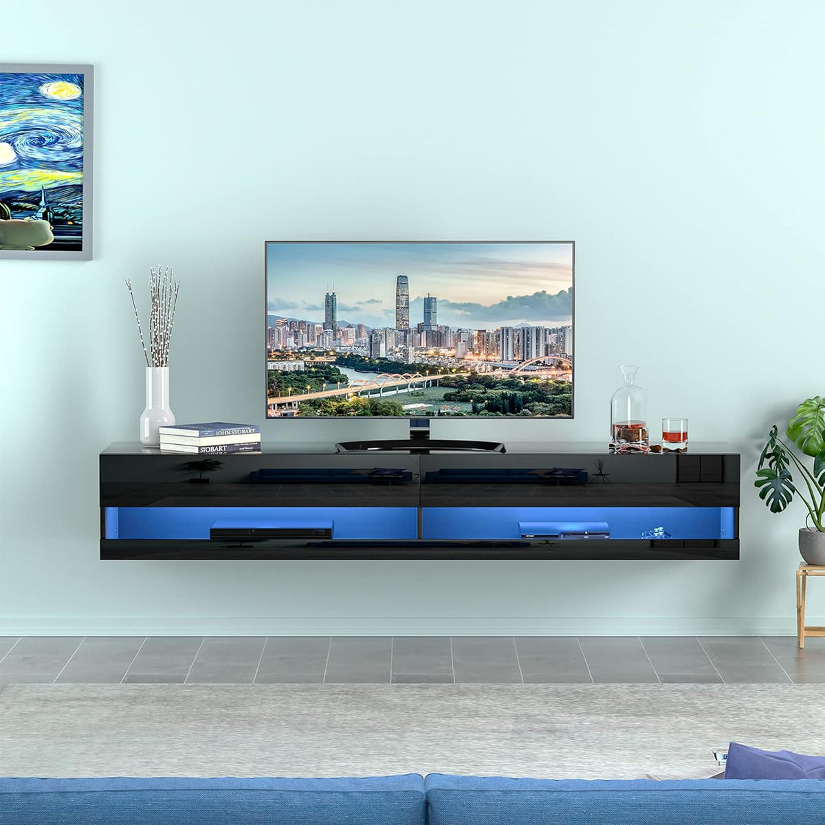 71 Inch High Glossy Wall Mounted Floating TV Stand with RGB LED Light N5149