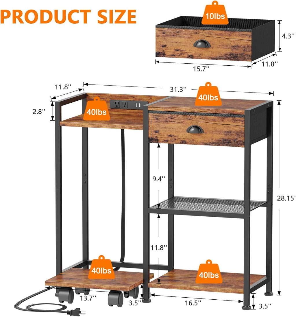 Printer Stand with Storage Drawer, 3 Tier, Wheels, Rustic Brown G76442