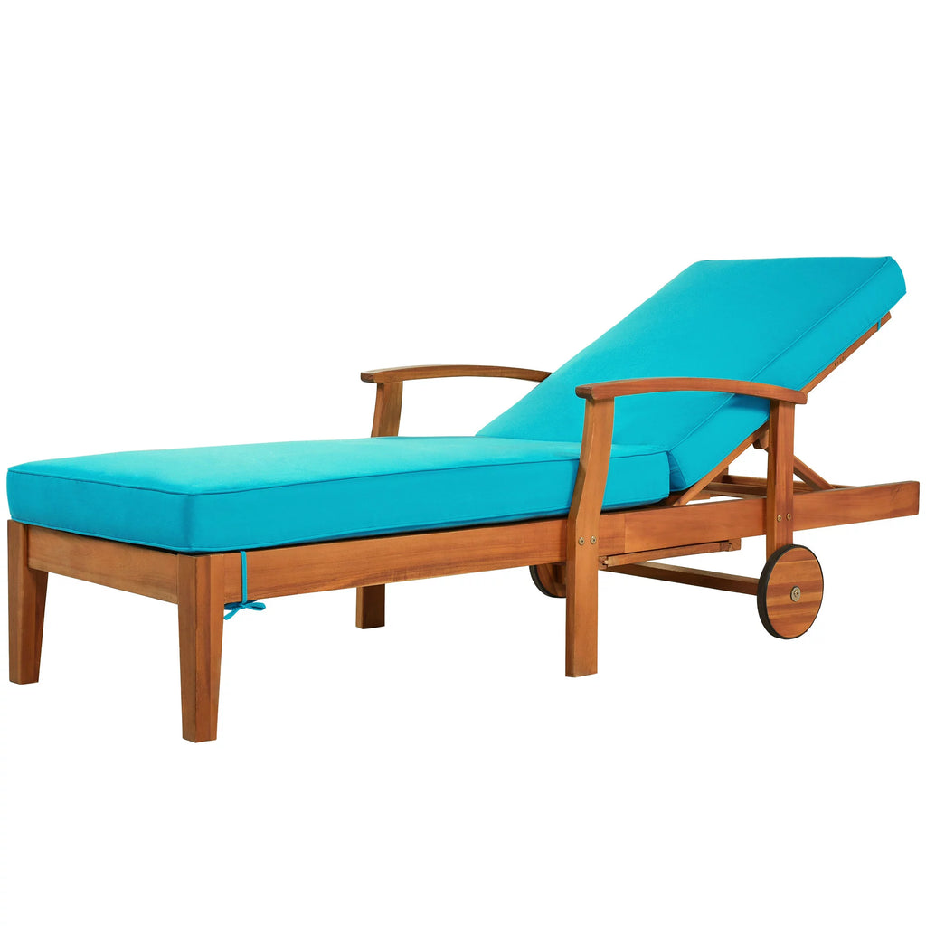 Solid Wood Chaise Lounge with Cushion, Wheels and Cup Table A60468