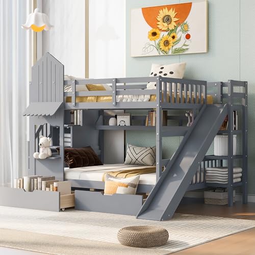 Full Over Full Solid Wood Bunk Bed with Slide and Storage Staircase K25787