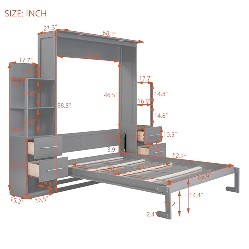Gray Queen Size Wood Wall Bed with Shelves and Drawers N739