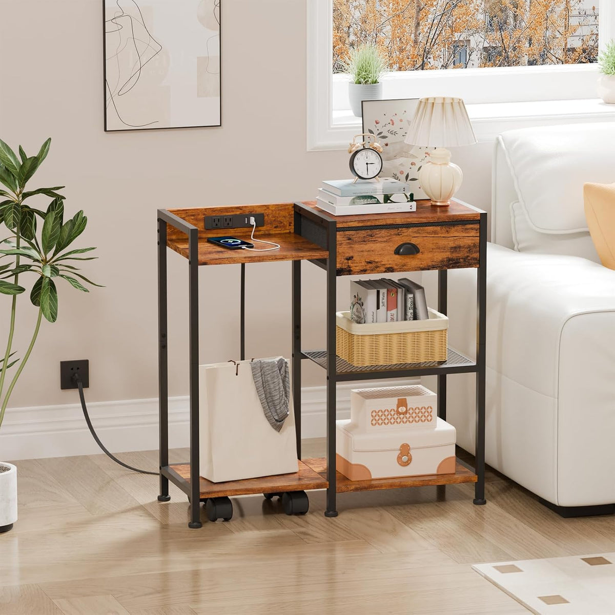 Printer Stand with Storage Drawer, 3 Tier, Wheels, Rustic Brown G76442