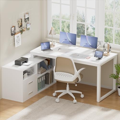 White 55 Inch L-Shaped Desk with File Cabinet and Drawers F6036