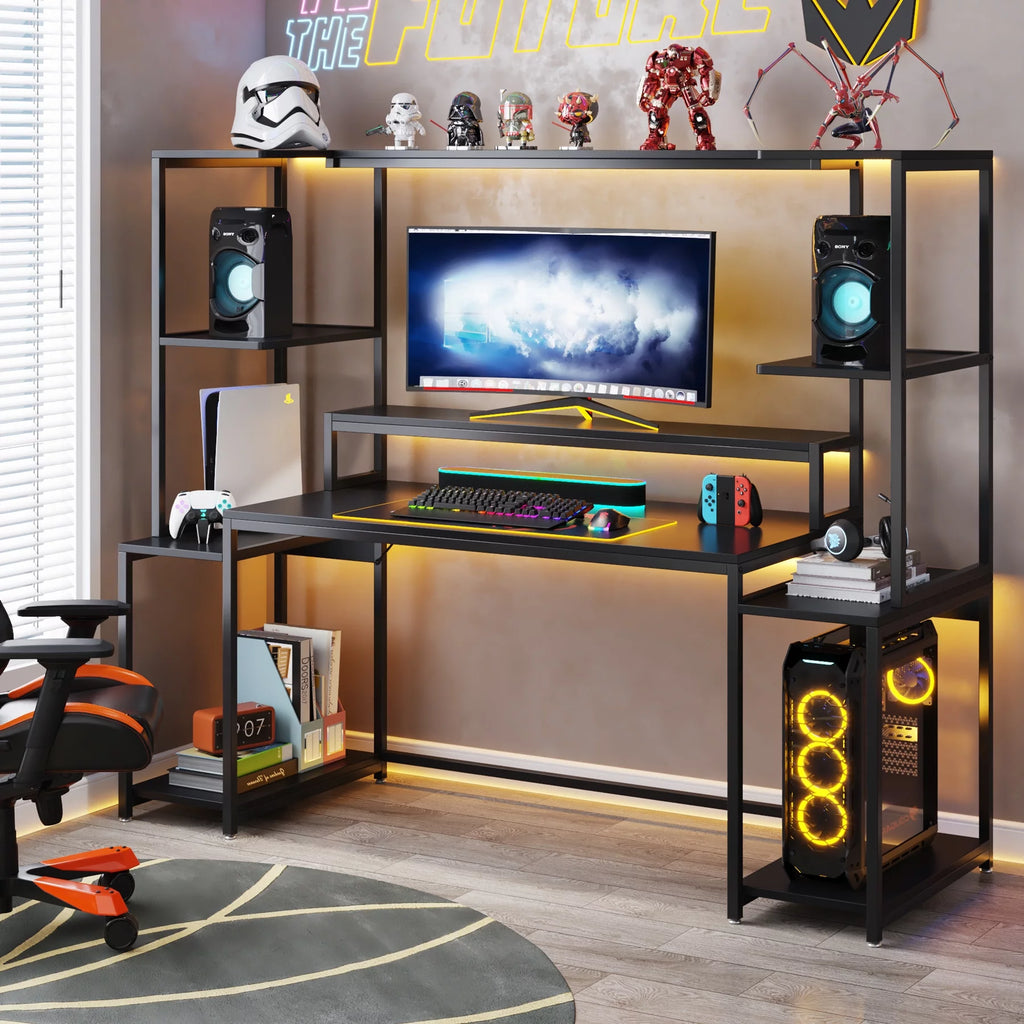 70 Inch Black Gaming Table with Hutch and Shelf R536836