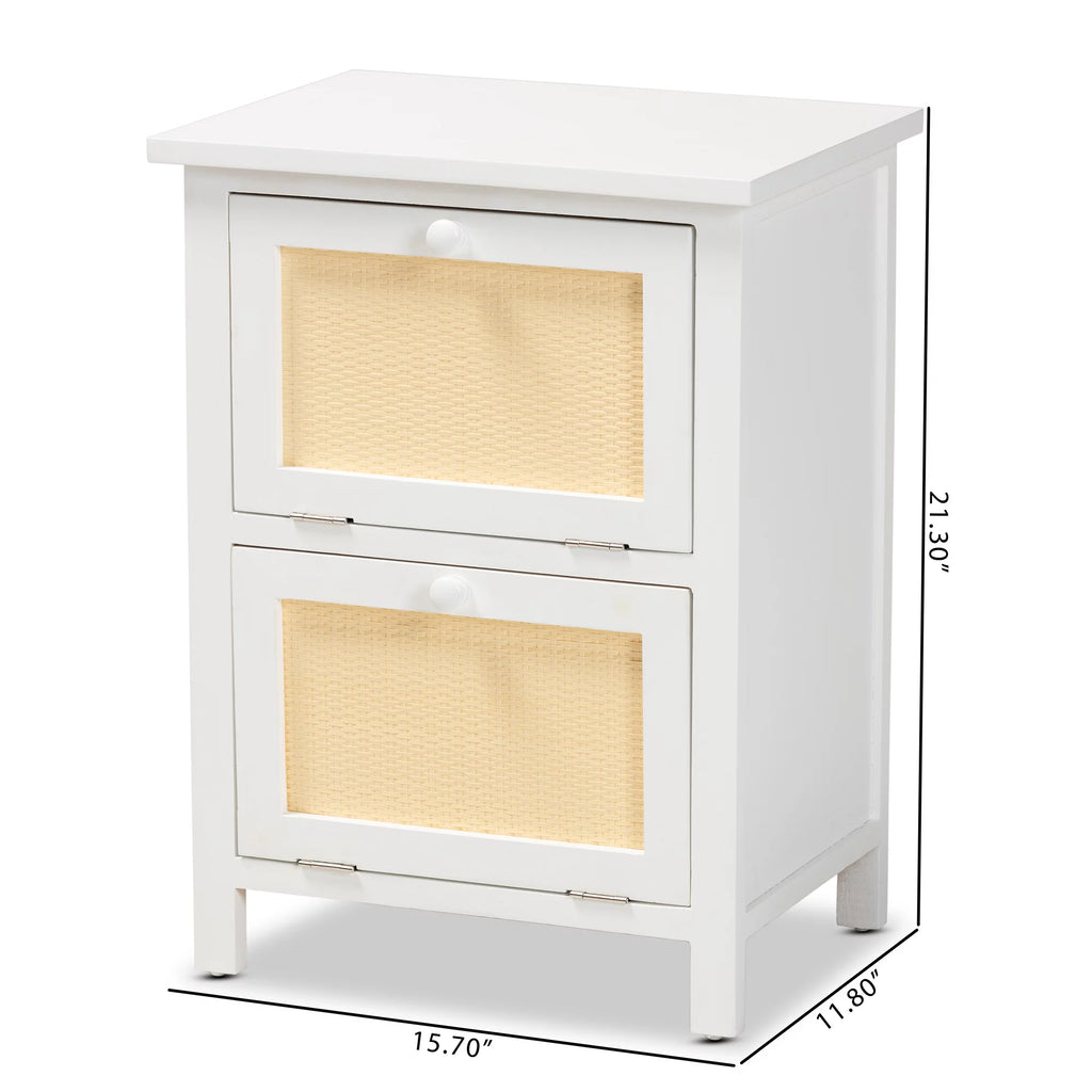 White Wood and Rattan 2-Door End Table C4618